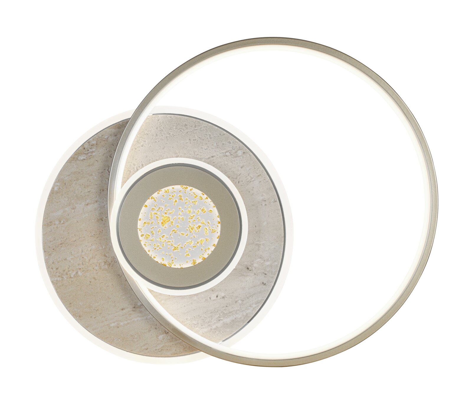Moderne runde LED-Deckenleuchte mit zwei überlappenden Licht-Ringen, Steinoptik-Element und goldgesprenkeltem Zentrum, Frontalansicht von unten