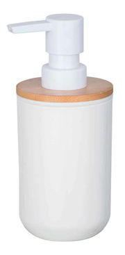 Weißer Seifenspender Posa mit Holzdeckel, seitliche Perspektive