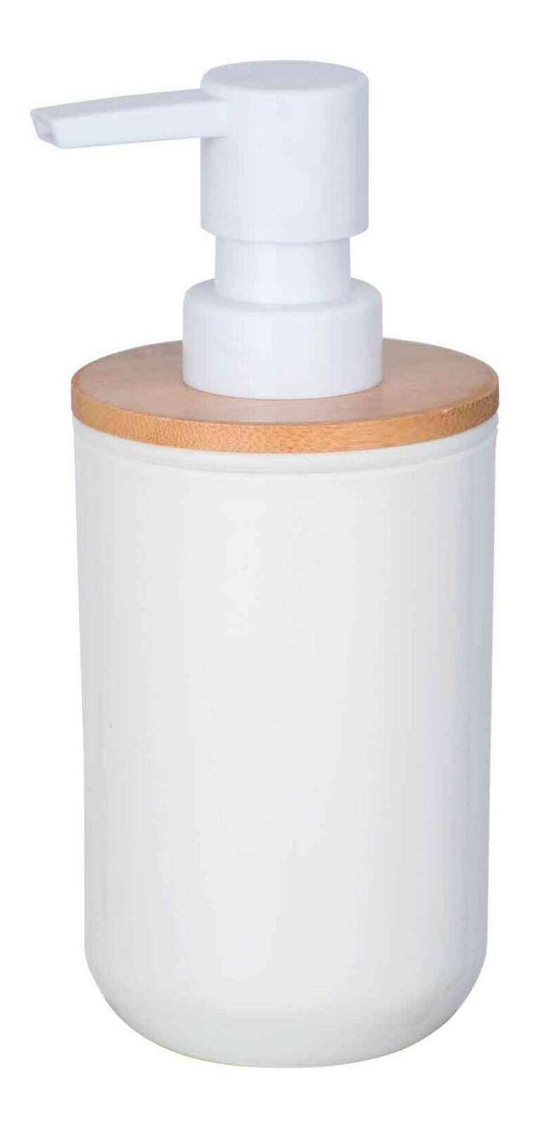 Weißer Seifenspender Posa mit Holzdeckel, seitliche Perspektive