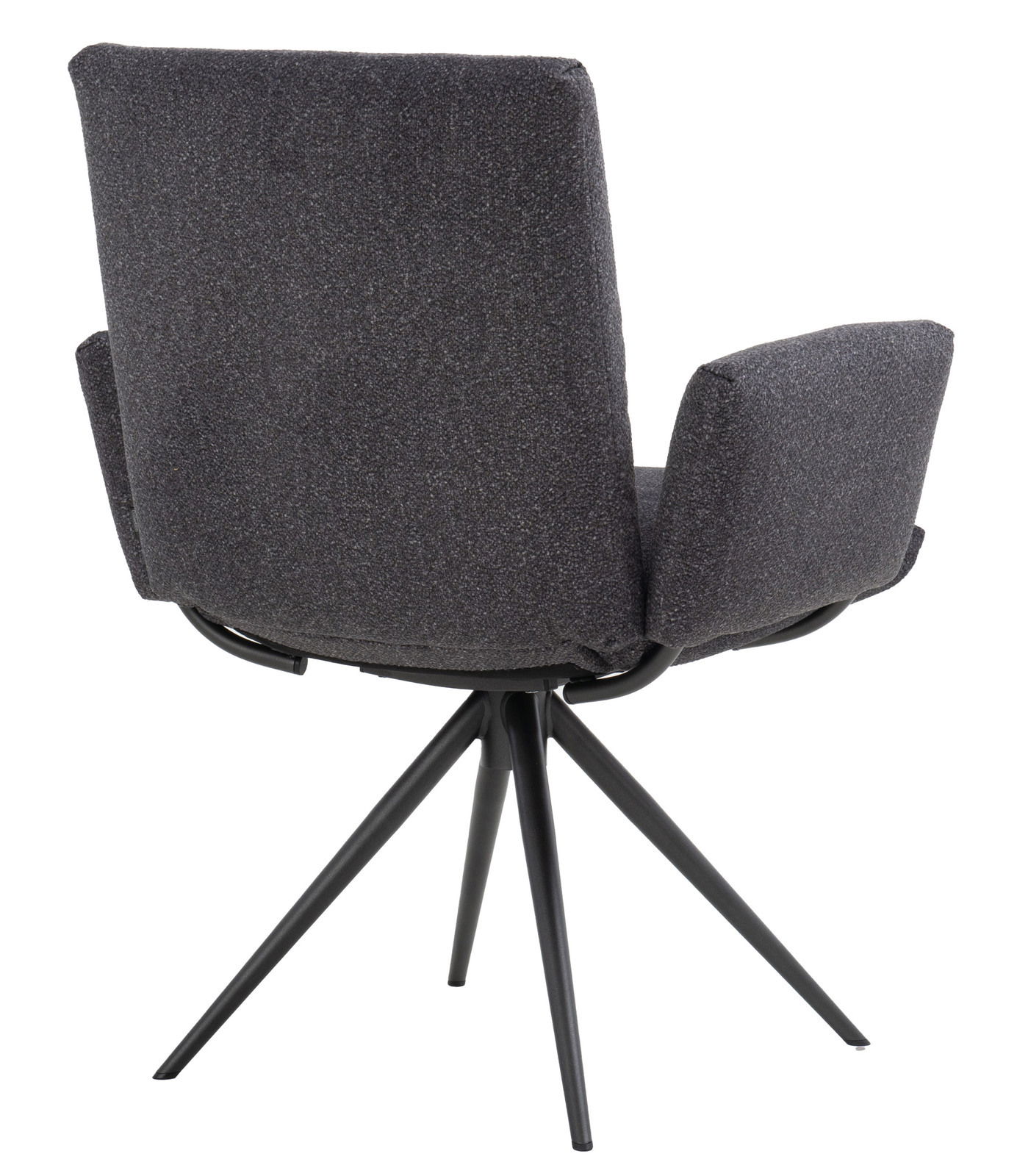 Rückansicht eines grauen Armlehnstuhls mit schwarzem Metallgestell und vier Beinen, Modell COCOON von Dieter Knoll.