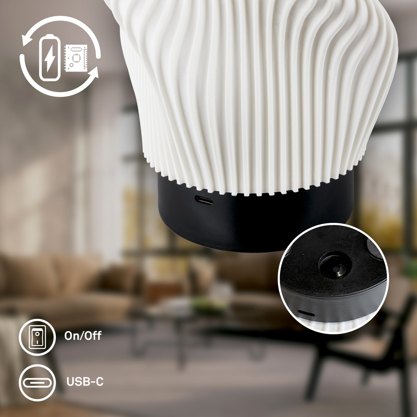Nahaufnahme in frontaler Seitenansicht einer weißen, geriffelten LED-Tischlampe mit schwarzem Sockel, USB‑C-Ladeanschluss und Ein-/Aus-Schalter; Detailansicht des Schalters im Kreis-Inset