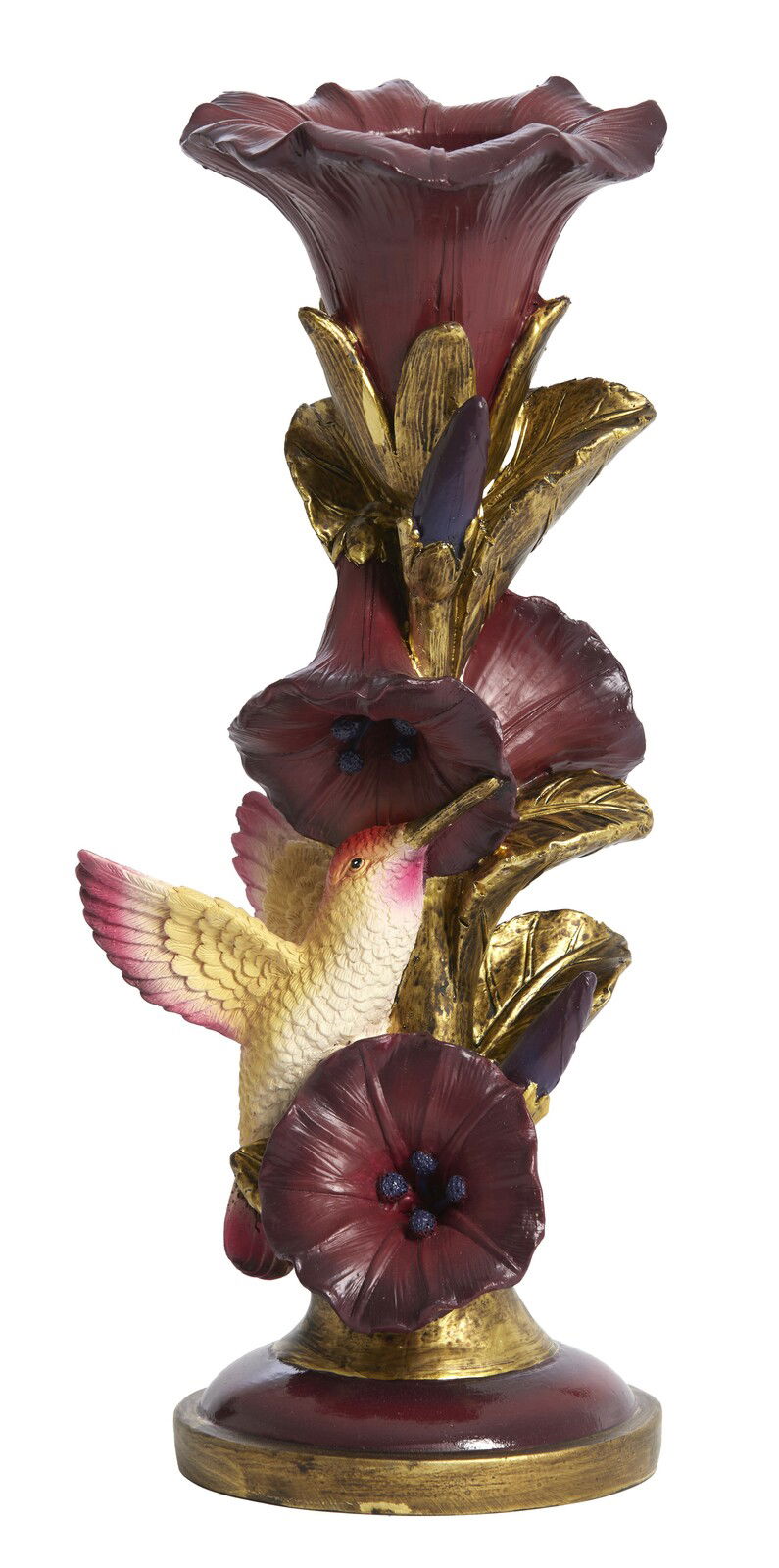 Kerzenständer in Form einer roten Blume mit goldenen Blättern und einem Kolibri, seitliche Perspektive