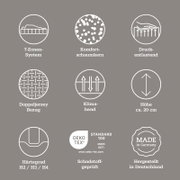 Infografik in Frontalansicht mit Symbolen und Text zu Matratzen-Features: 7-Zonen-System, Komfortschaumkern, druckentlastend, Doppeljersey-Bezug, Klimaband, Höhe ca. 20 cm, Härtegrad H2/H3/H4, OEKO-TEX Standard 100 schadstoffgeprüft, hergestellt in Deutsc