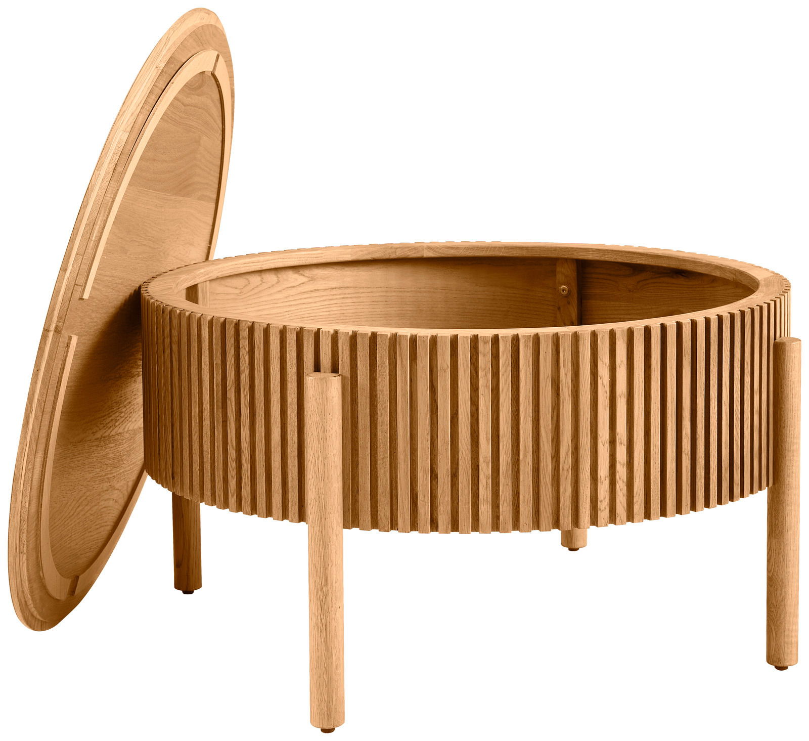Runder Couchtisch aus Holz mit abnehmbarem Deckel, seitliche Perspektive
