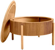 Runder Couchtisch aus Holz mit abnehmbarem Deckel, seitliche Perspektive