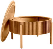 Runder Couchtisch aus Holz mit abnehmbarem Deckel, seitliche Perspektive