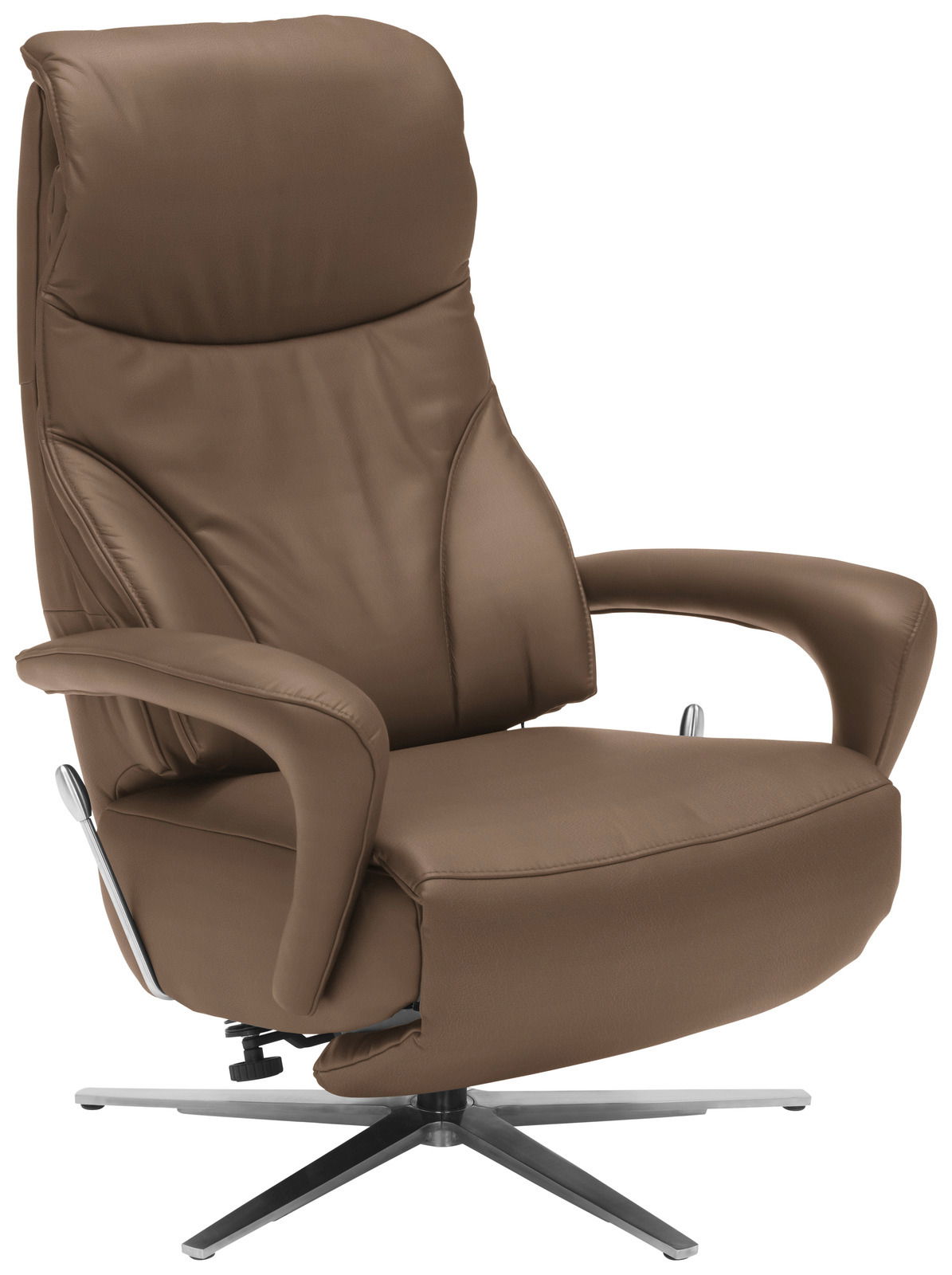 Brauner Relax-Sessel mit hoher Rückenlehne und Armlehnen, seitliche Perspektive