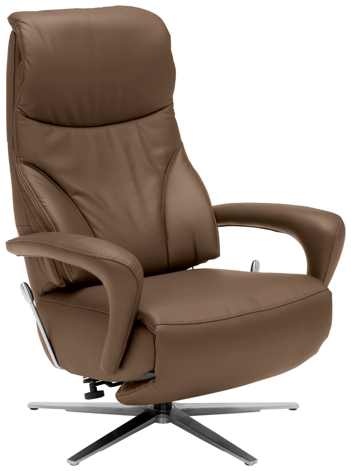 Brauner Relax-Sessel mit hoher Rückenlehne und Armlehnen, seitliche Perspektive
