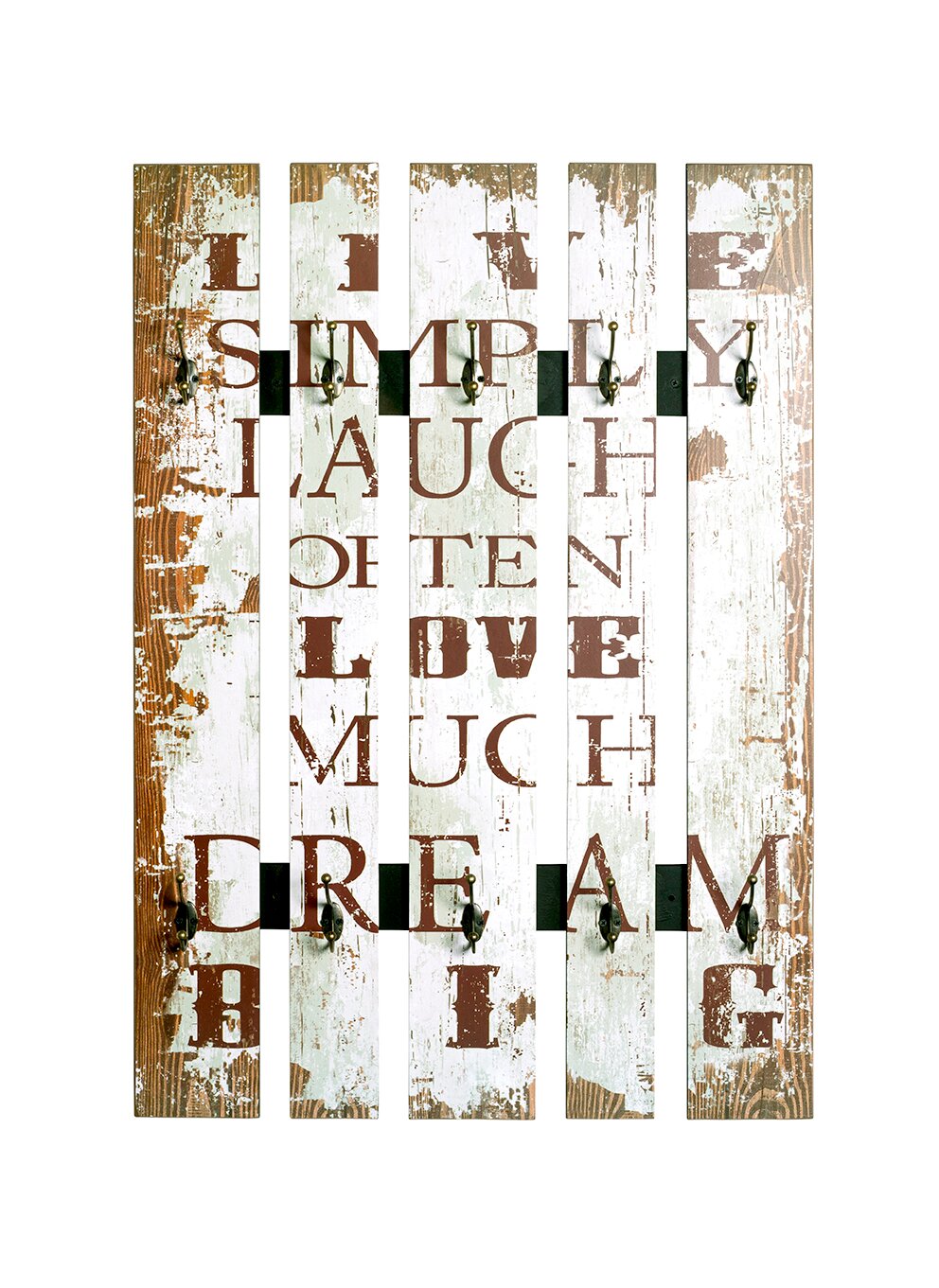 Frontalansicht eines rustikalen Wandgarderoben-Panels aus fünf Holzlatten im Shabby-Chic in Weiß/Braun mit aufgedrucktem Spruch und mehreren Metallhaken