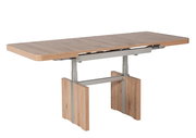 Moderner Couchtisch aus Holz mit Metallgestell, seitliche Perspektive