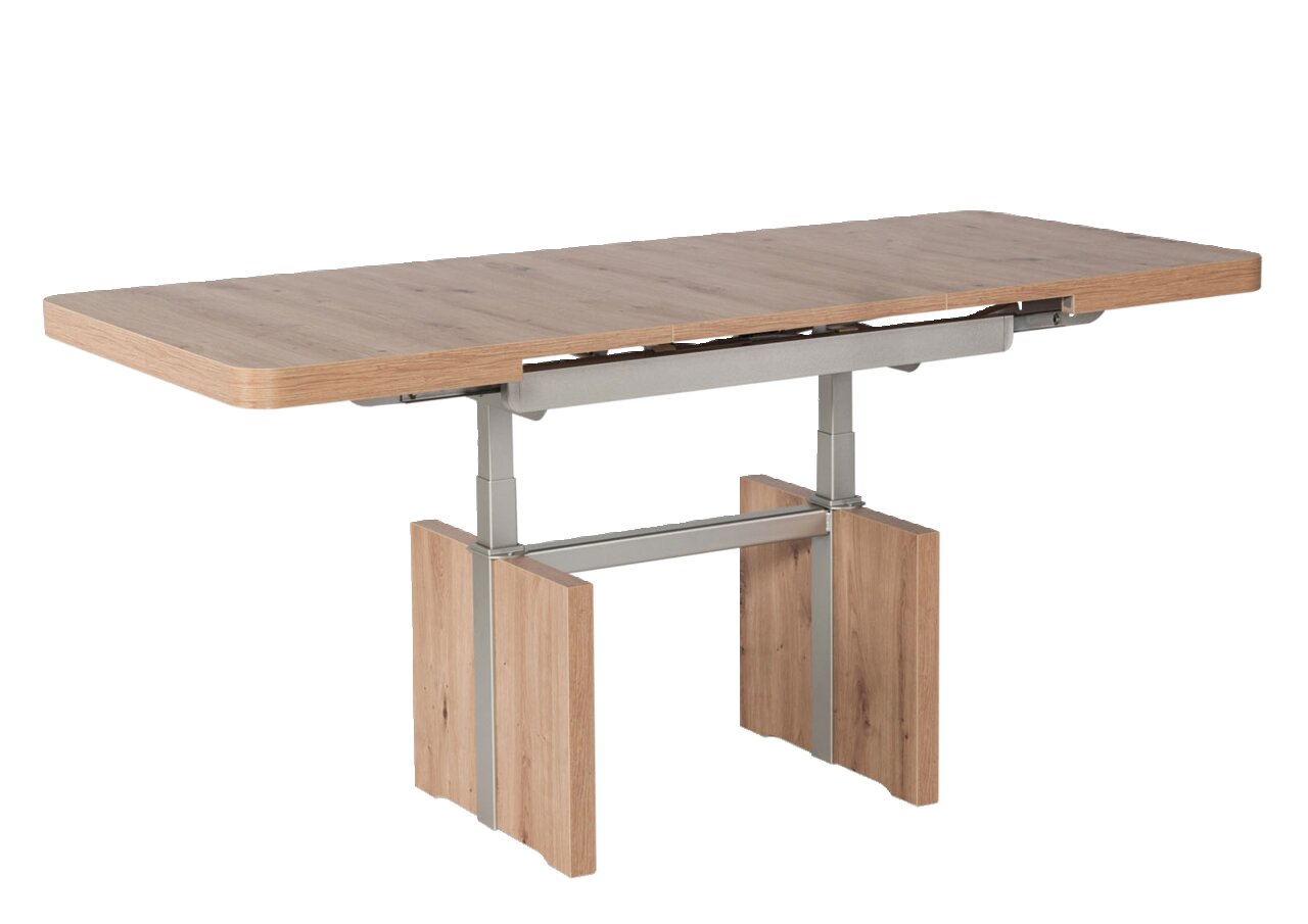 Moderner Couchtisch aus Holz mit Metallgestell, seitliche Perspektive