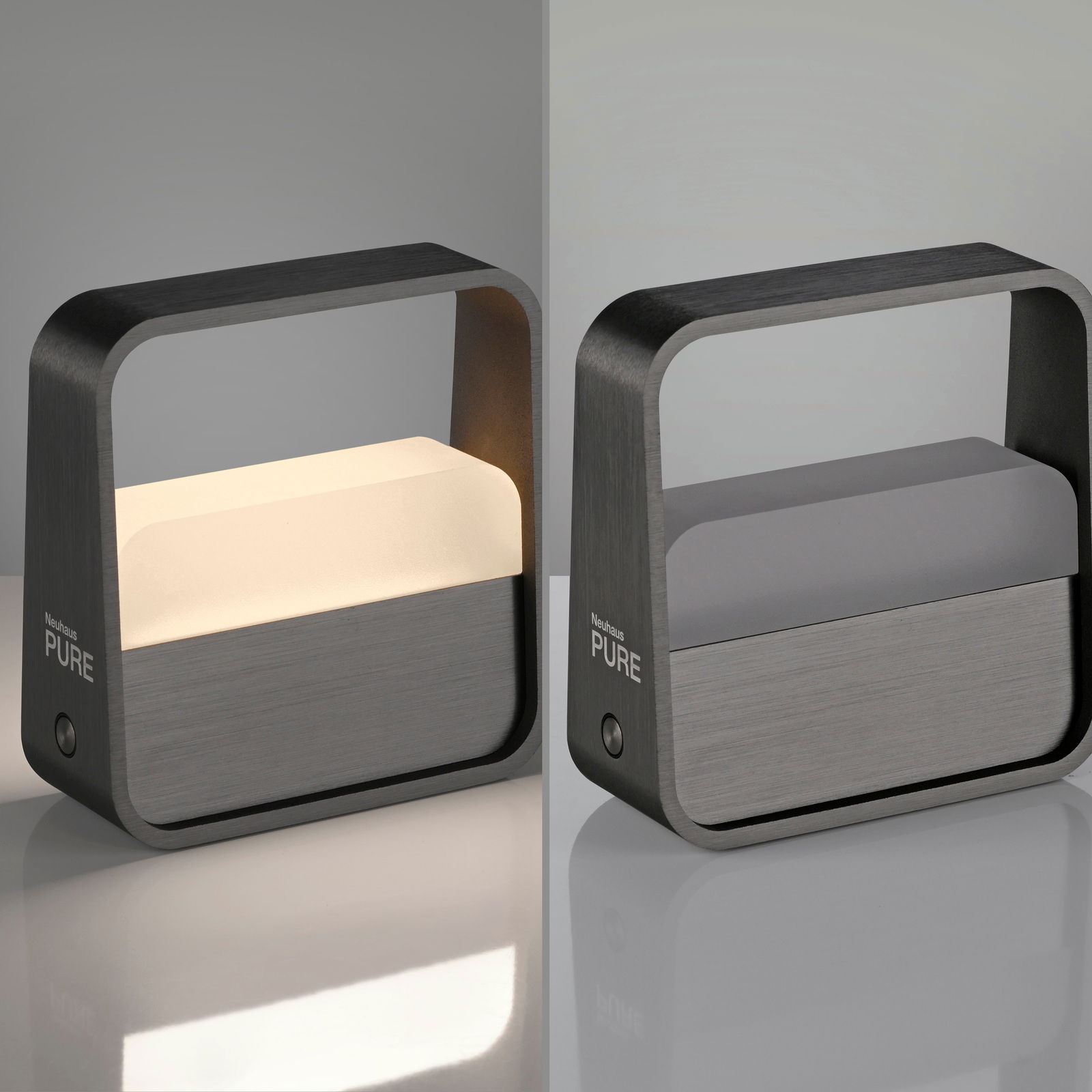 Moderne Tischleuchte PURE GoPaul von Neuhaus in rechteckigem Design, aus dunklem Metall mit beleuchtetem und unbeleuchtetem Zustand, seitliche Perspektive.