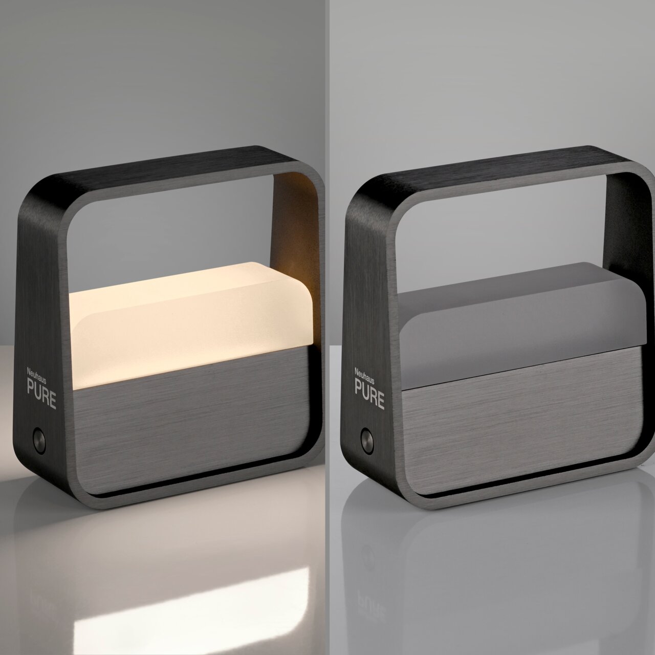 Moderne tafellamp PURE GoPaul van Neuhaus in rechthoekig ontwerp, van donker metaal, met en zonder verlichting, zijaanzicht.