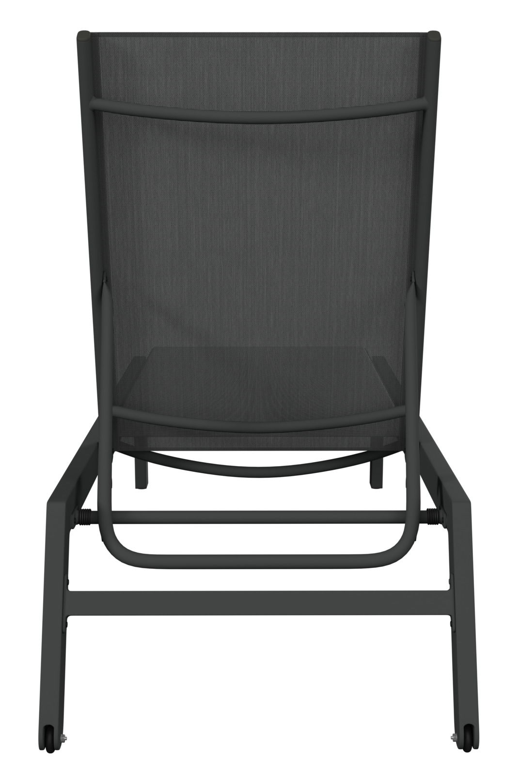 Rückansicht einer modernen Sonnenliege mit schwarzem Metallrahmen und Netzbespannung.