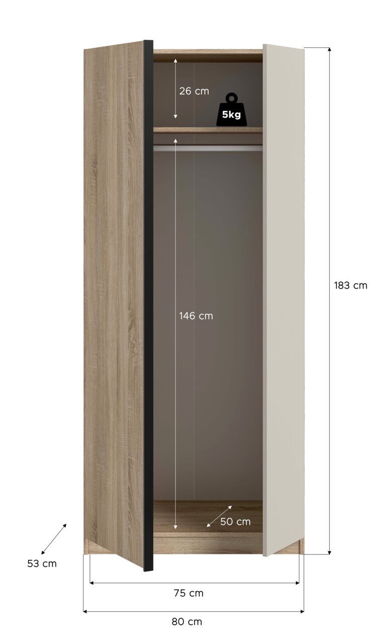 Offener Kleiderschrank in Holzoptik mit weißer Tür, Innenraum mit Ablage und Kleiderstange, Maßangaben 183 cm Höhe und 80 cm Breite, Frontansicht leicht schräg von links.