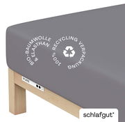 Graues Spannbettlaken aus Bio-Baumwolle und Elasthan auf einem Bett, mit Recycling-Symbol, seitliche Perspektive