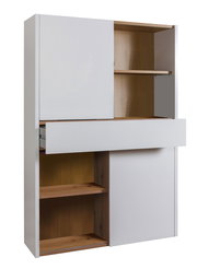 Weißes Aktenregal mit offenen und geschlossenen Fächern, Schublade und Holzdetails, seitliche Perspektive