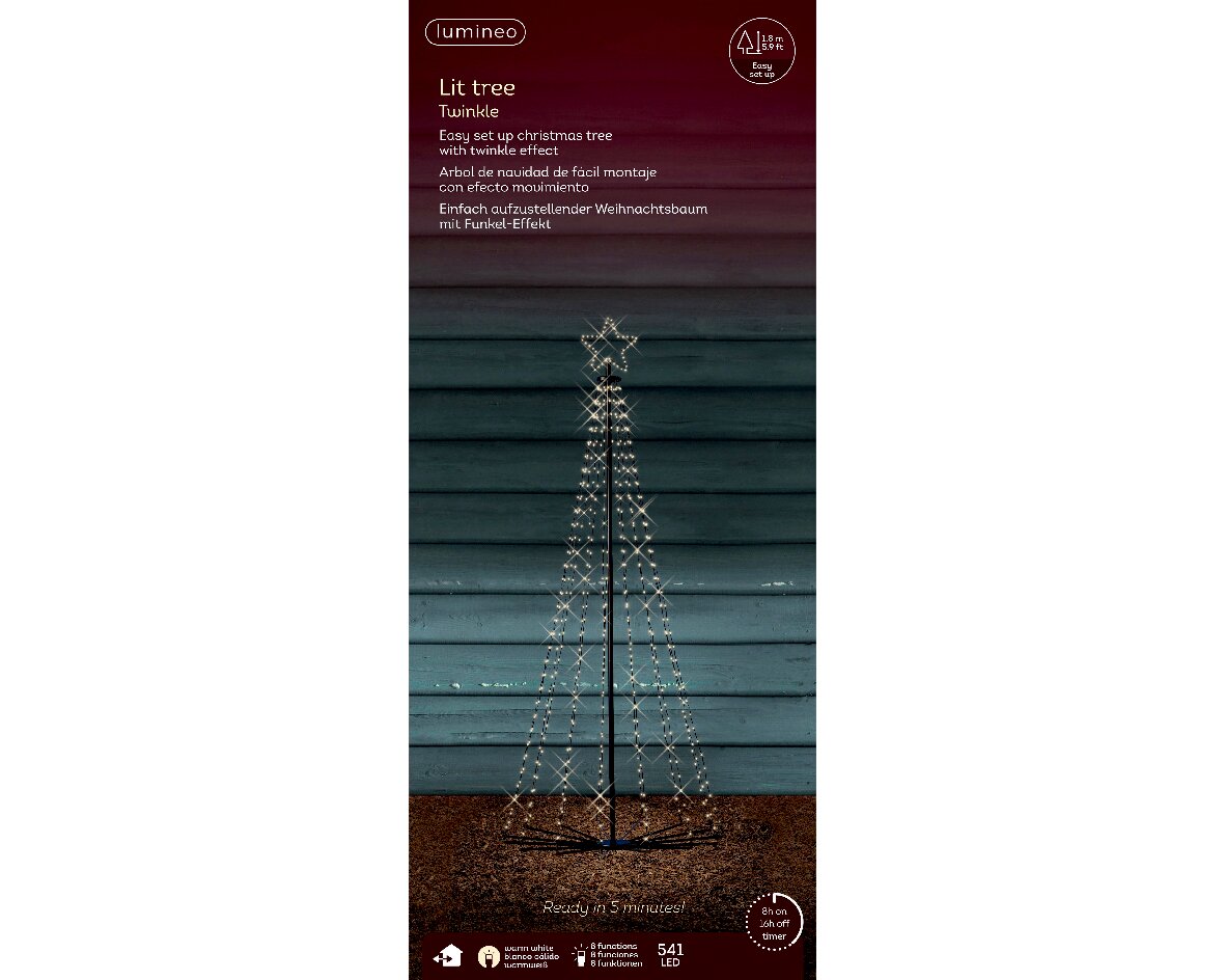 LED Baum aus Eisen mit Twinkle-Effekt, frontal abgebildet vor einer blauen Wand.