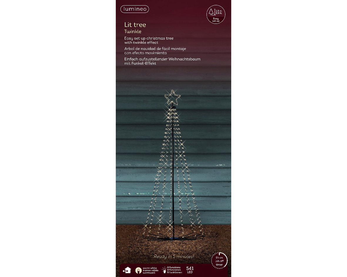 LED Baum aus Eisen mit Twinkle-Effekt, frontal abgebildet vor einer blauen Wand.