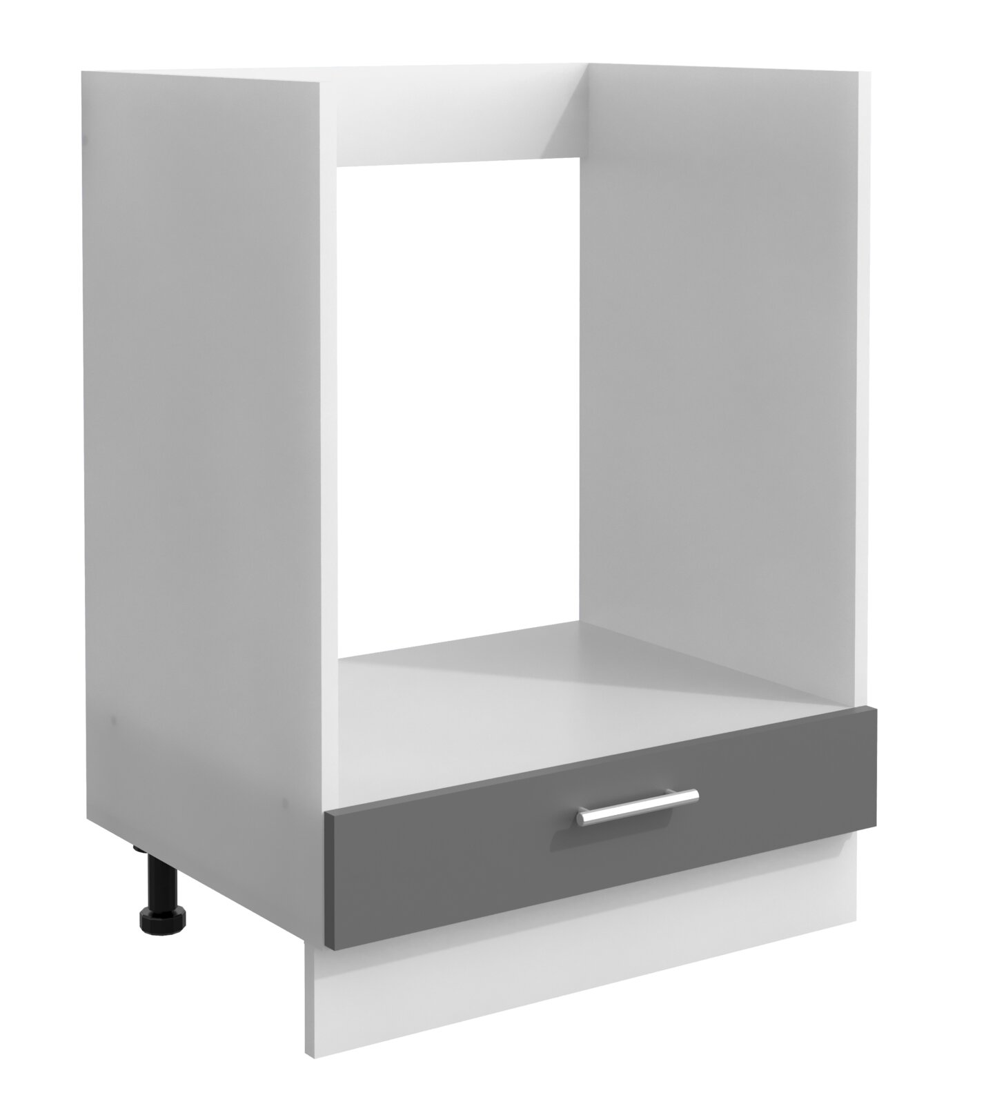 Weißer Küchen-Unterschrank mit grauer Schubladenfront und Metallgriff, offene Nische für Einbaugerät, in leichter Seitenansicht von vorne auf weißem Hintergrund