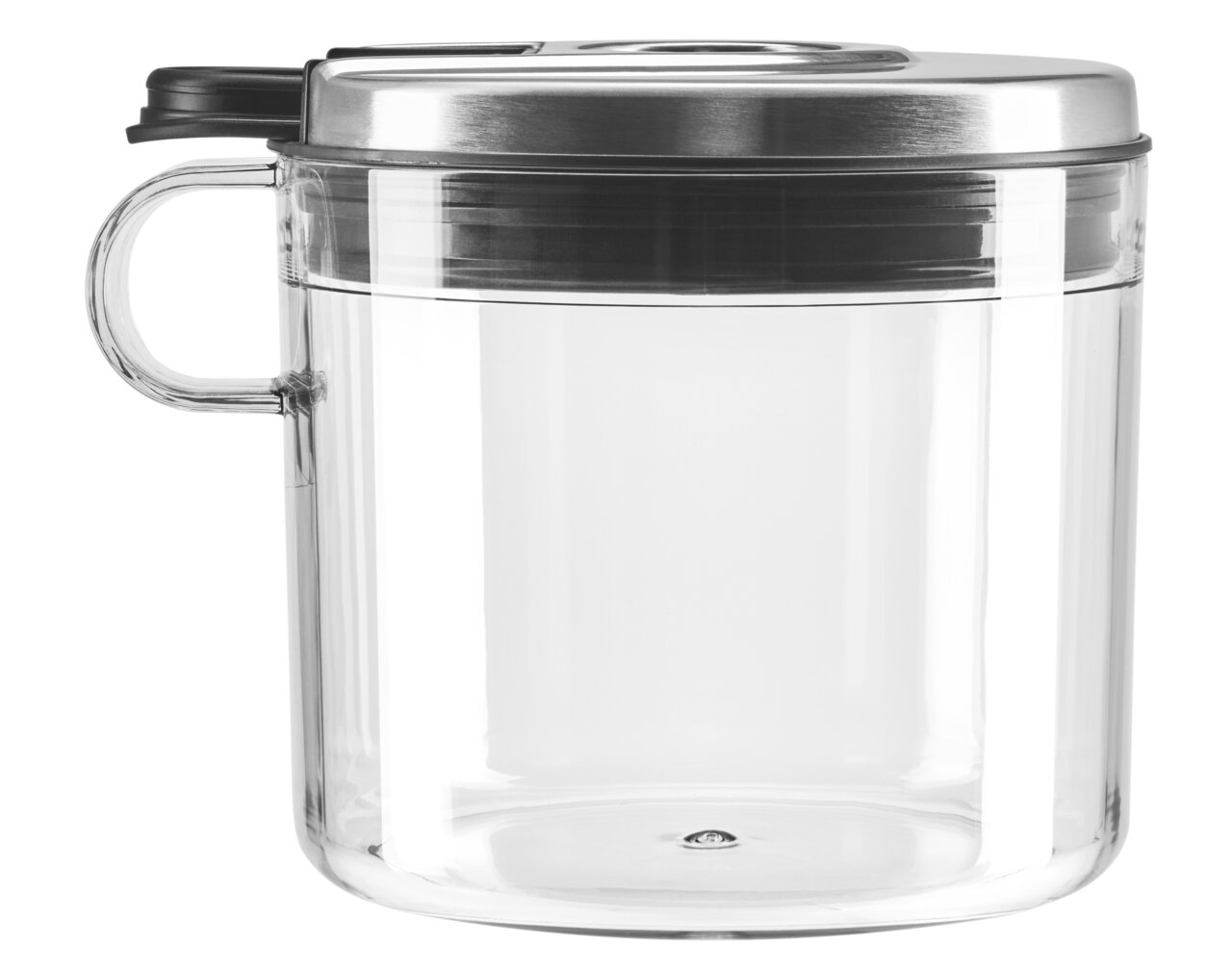 Transparenter Behälter mit silbernem Deckel und Griff, seitliche Perspektive