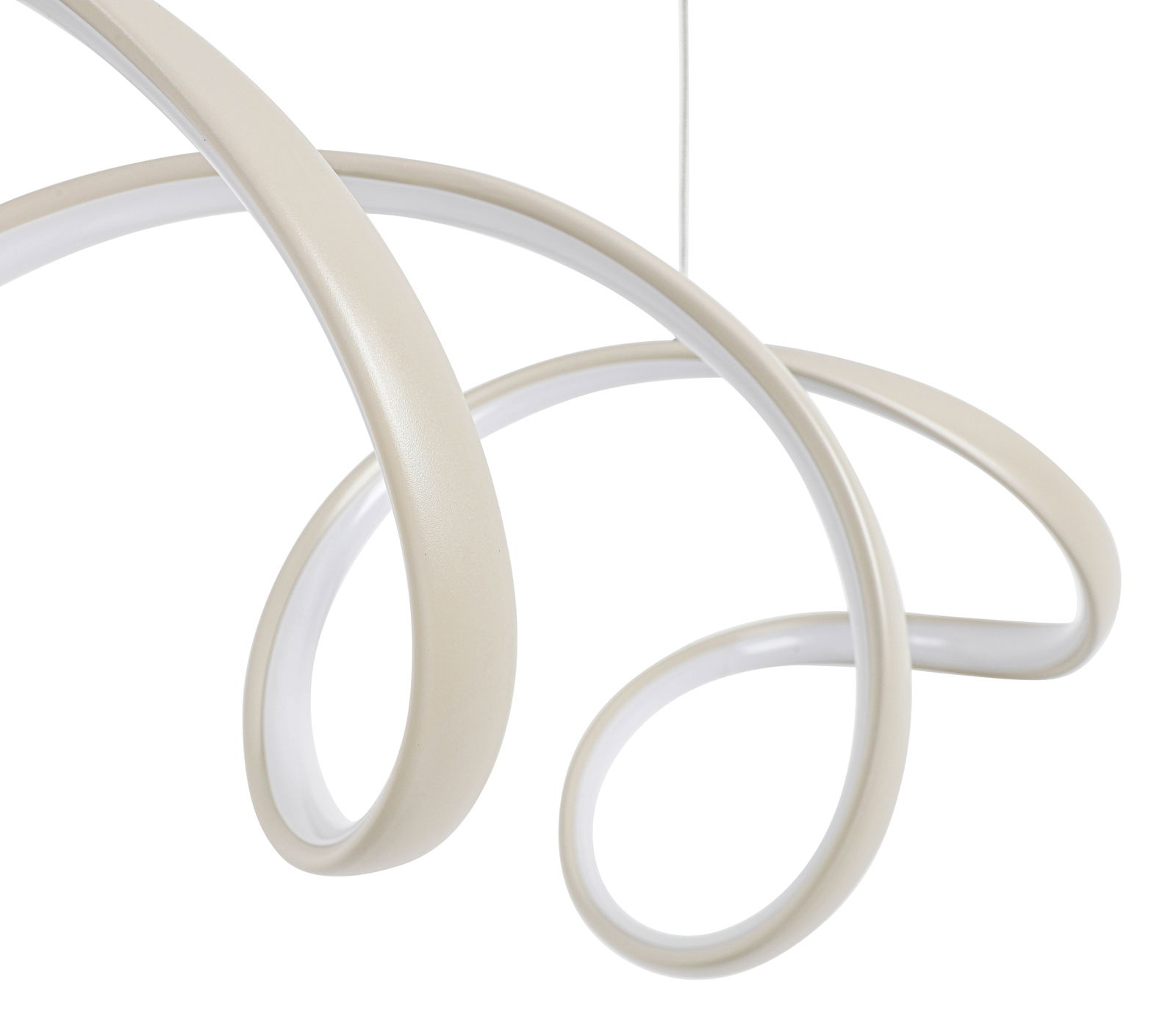 Moderne LED-Hängeleuchte mit geschwungenem Design, seitliche Perspektive