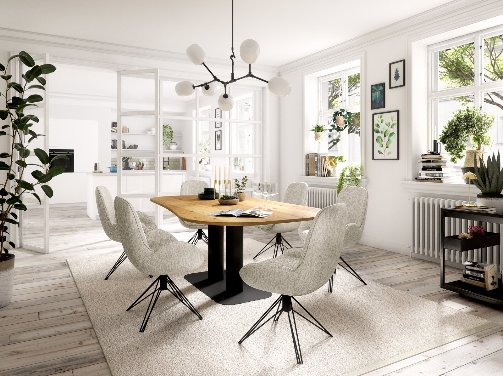 Musterring Stuhl MR HELVIN Moderner Essbereich mit einem großen Holztisch und sechs gepolsterten Stühlen in einem hellen Raum mit großen Fenstern, Blick von der Seite.