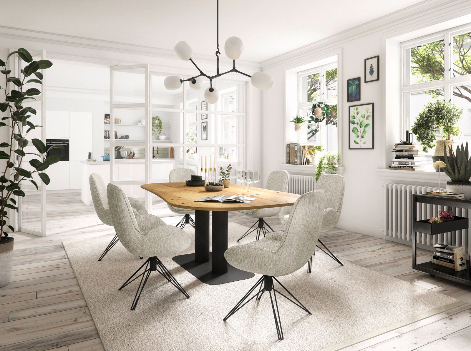 Moderner Essbereich mit einem großen Holztisch und sechs gepolsterten Stühlen in einem hellen Raum mit großen Fenstern, Blick von der Seite.