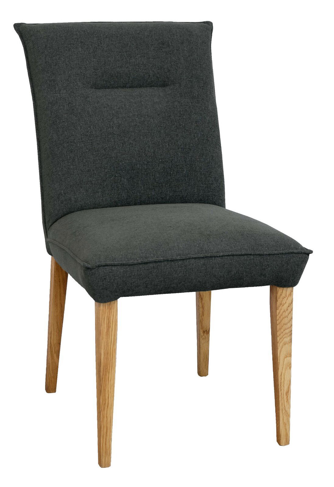 Moderner Stuhl mit grauem Stoffbezug und Holzbeinen, seitliche Perspektive