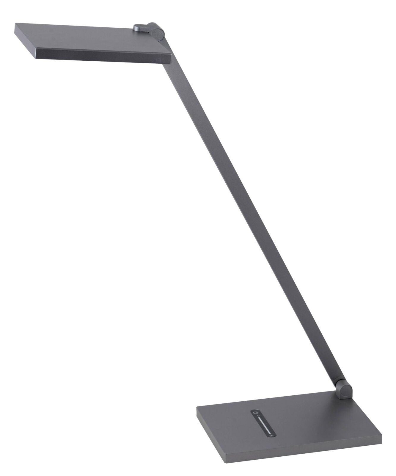 Moderne led-bureaulamp in zijaanzicht, met een slank, minimalistisch ontwerp en een rechthoekige lampkop.