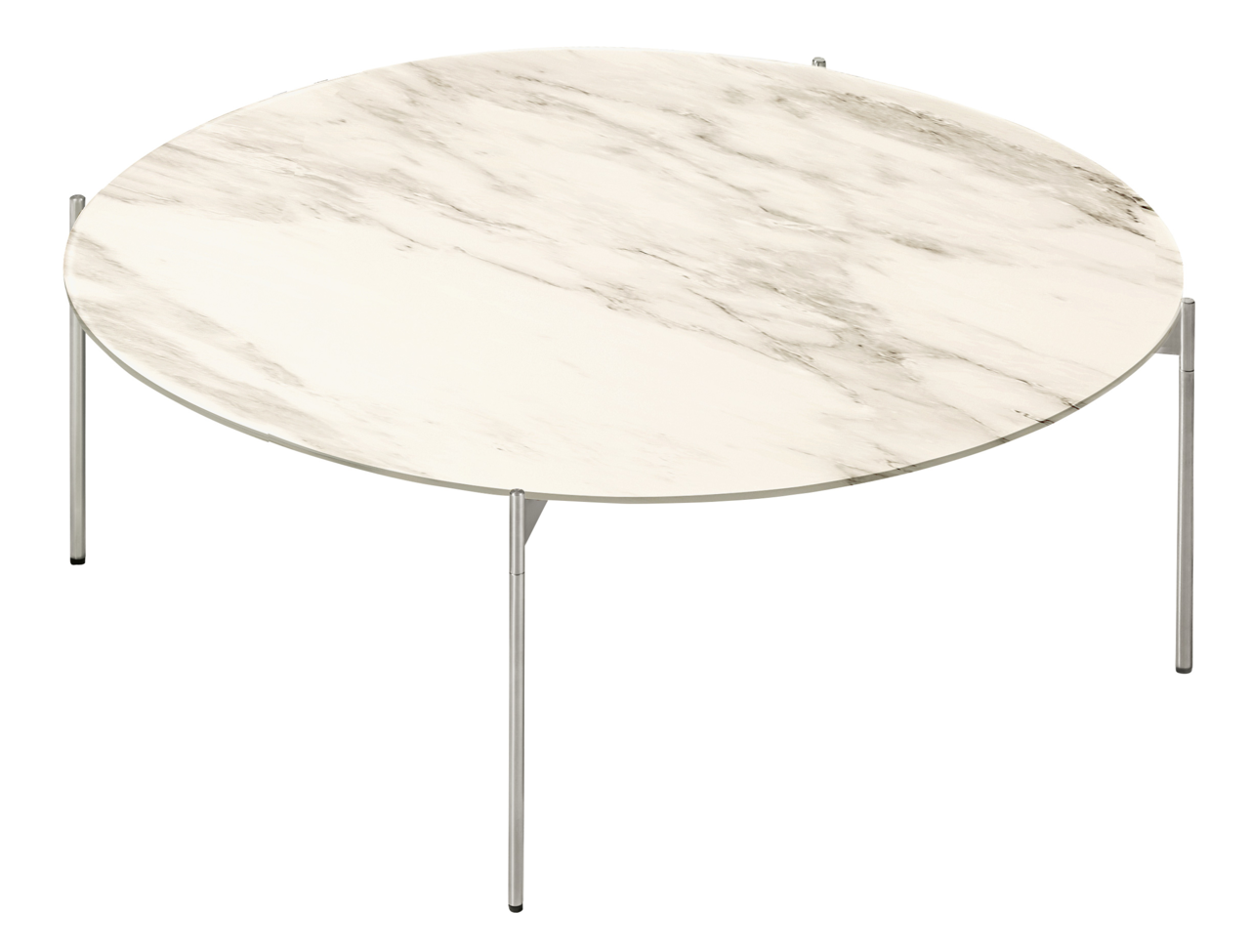 Runder Couchtisch mit Marmoroptik und schlanken Metallbeinen, seitliche Perspektive
