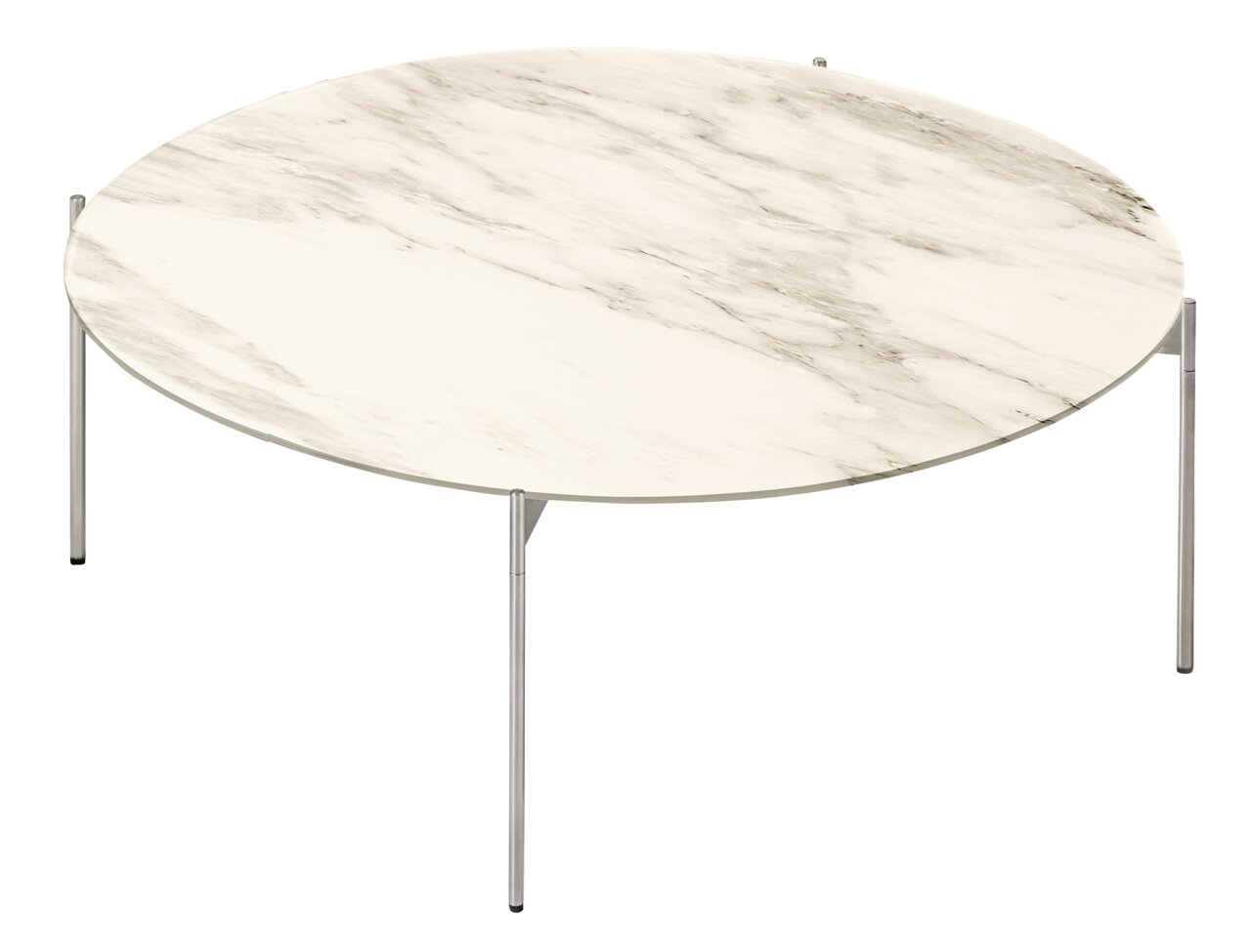 Runder Couchtisch mit Marmoroptik und schlanken Metallbeinen, seitliche Perspektive