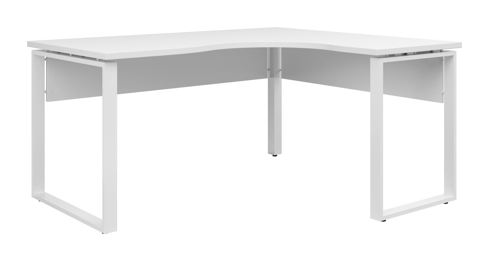 Moderner weißer Eckschreibtisch mit L-Form, seitliche Perspektive