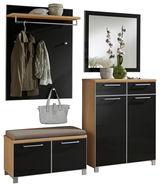 Garderoben-Set 5-tlg. in moderner Holz- und Schwarzoptik, bestehend aus Wandpaneel mit Haken und Ablage, Sitzbank mit Stauraum, und Schrank mit Spiegel, seitliche Perspektive