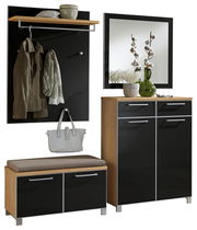 Garderoben-Set 5-tlg. in moderner Holz- und Schwarzoptik, bestehend aus Wandpaneel mit Haken und Ablage, Sitzbank mit Stauraum, und Schrank mit Spiegel, seitliche Perspektive