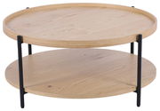 Runder Couchtisch aus Holz mit zwei Ebenen und schwarzen Metallbeinen, seitliche Perspektive