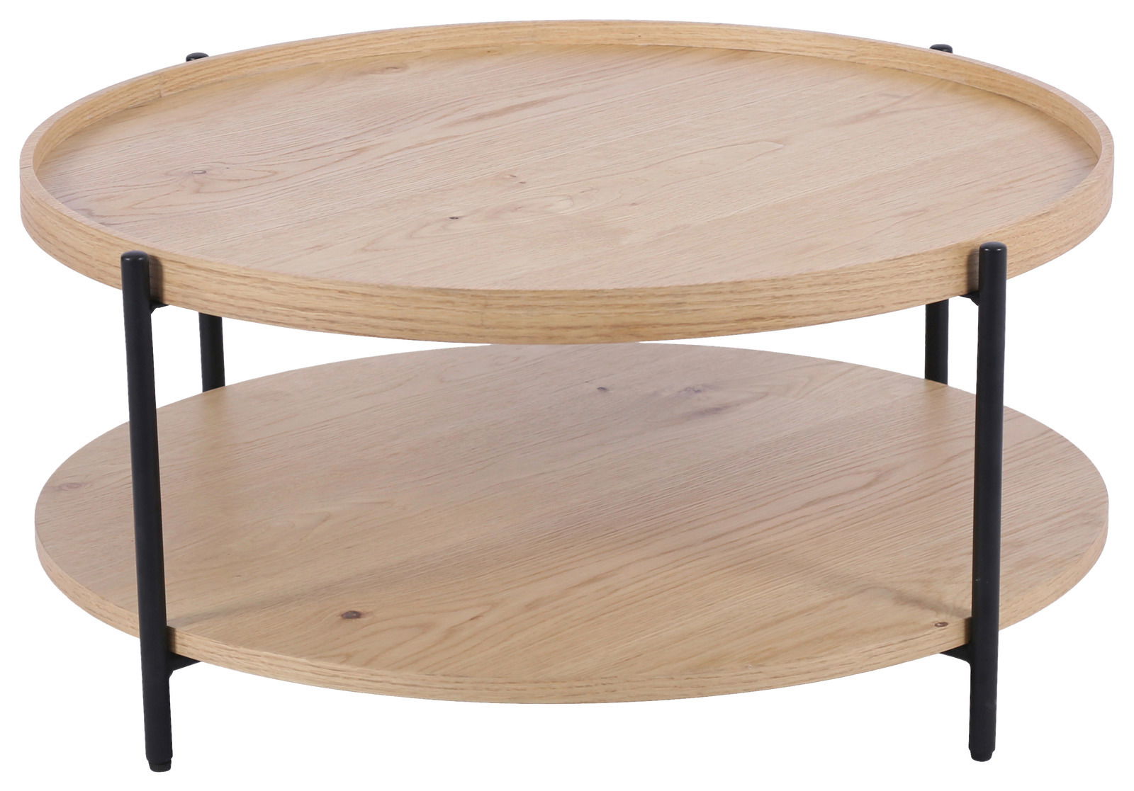 Runder Couchtisch aus Holz mit zwei Ebenen und schwarzen Metallbeinen, seitliche Perspektive
