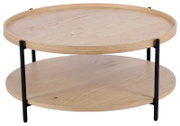 Ronde houten salontafel met twee niveaus en zwarte metalen poten, zijaanzicht