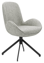 Grauer Armlehnstuhl mit Stoffbezug und schwarzem Metallgestell, seitliche Perspektive