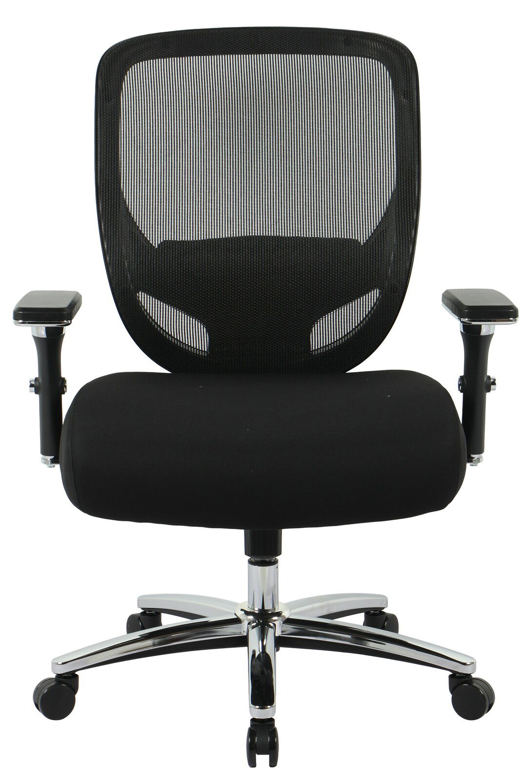 Schwarzer Chefsessel mit Netzrückenlehne und verstellbaren Armlehnen, Vorderansicht
