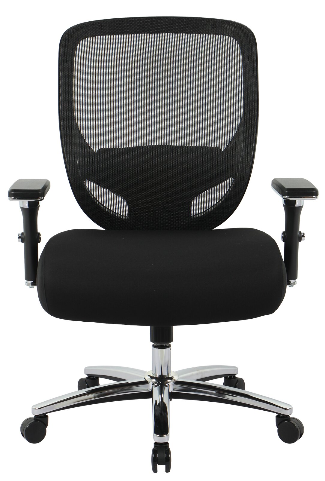 Schwarzer Chefsessel mit Netzrückenlehne und verstellbaren Armlehnen, Vorderansicht
