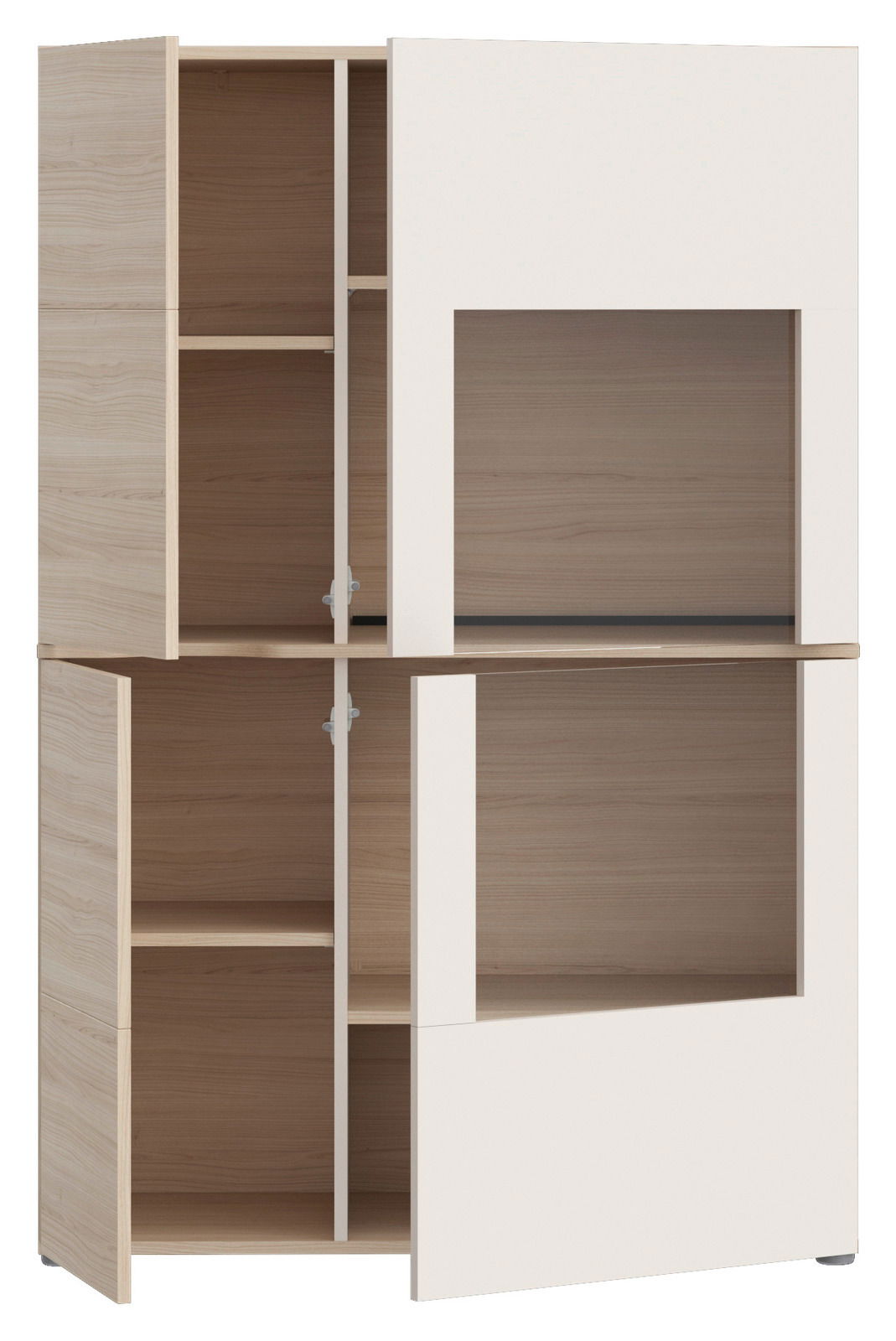 Vitrine aus hellem Holz mit weißen Türen, teilweise geöffnet, Vorderansicht