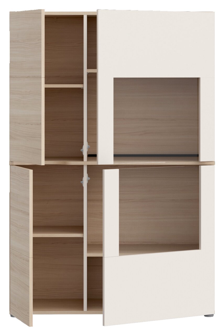 Vitrine van licht hout met witte deuren, gedeeltelijk geopend, vooraanzicht