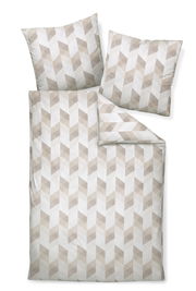 Bettwäsche-Set mit geometrischem Muster in Beige- und Weißtönen, bestehend aus einem Bettbezug und zwei Kissenbezügen, aus der Vogelperspektive fotografiert.