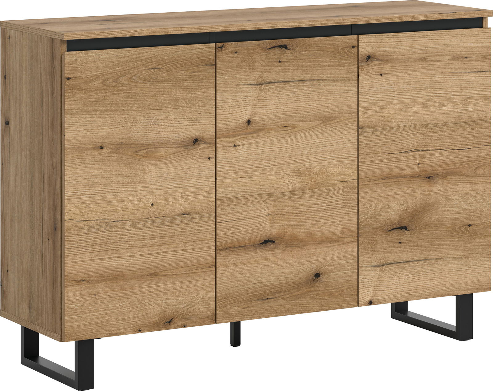 Modernes Sideboard aus Holz mit drei Türen, in Frontalansicht, auf schwarzen Metallbeinen.