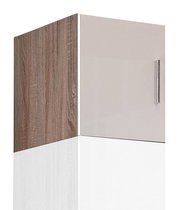 Küchenschrankaufsatz T54 mit Holzoptik an der Seite und glänzender Front, seitliche Perspektive