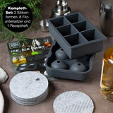 Eiswürfelform-Set mit zwei Silikonformen, sechs Filzuntersetzern und einem Rezeptheft, aus der Vogelperspektive fotografiert.