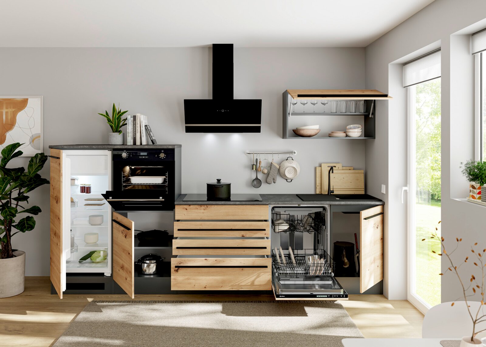 Moderne Küchenzeile in Holz- und Anthrazitoptik mit integrierten Geräten (Kühlschrank, Backofen, Dunstabzug, Geschirrspüler), dunkler Arbeitsplatte und Hängeregal, gezeigt in frontaler Perspektive auf Augenhöhe mit geöffneten Türen