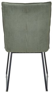 Rückansicht eines grünen Stuhls mit geripptem Stoffbezug und schwarzen Metallbeinen.
