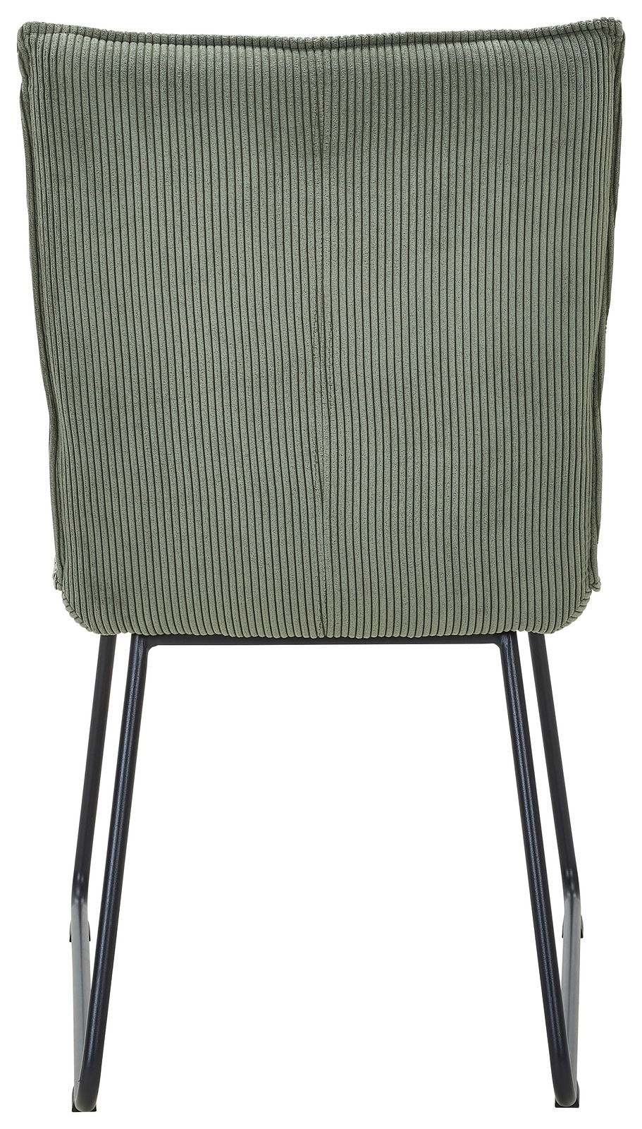 Rückansicht eines grünen Stuhls mit geripptem Stoffbezug und schwarzen Metallbeinen.